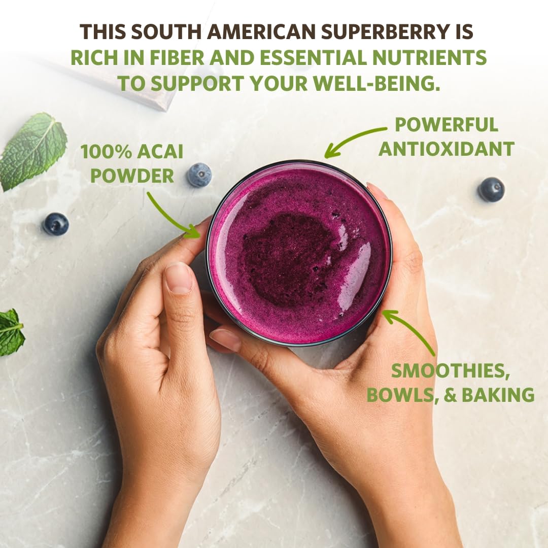Sunfood Superfoods Organic Acai Powder - Acai Powder Organic, Acai Powder for Smoothie Bowles, Dried Acai Berry Mix with Antioxidants & Vitamin C, 100% Pure, USDA Organic, Non GMO - 4 Oz Bag