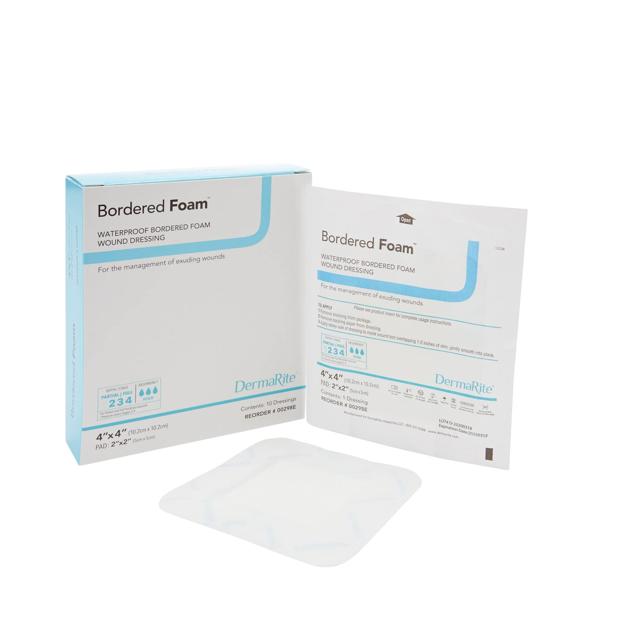 DermaRite's BorderedFoam - Waterproof Bordered Foam Island Dressing for Advanced Wound Care, Highly Absorbent - 4 in. x 4 in., 1 Count, 10 Packs, 10 Total