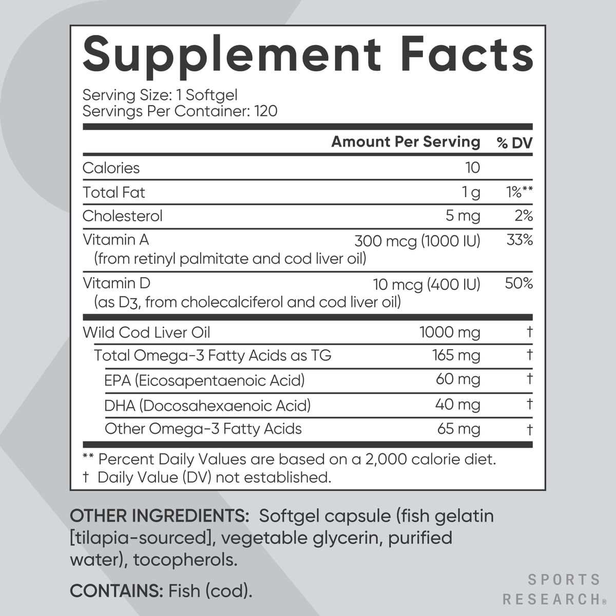 Sports Research® Omega-3 Wild Alaskan Cod Liver Oil 1000mg with Vitamins A (1000 IU) & D3 (400 IU) - Burpless, Bovine Free, Non-GMO, & MSC Certified Sustainable - 120 Softgels