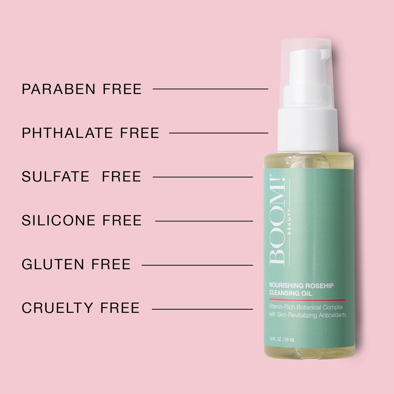 BOOM! BEAUTY - Rosehip Cleansing Oil Gentle Makeup Remover - Oil Cleanser for Sensitive Skin Double Cleansing - Dermatologist Tested Face Cleanser with 14 Botanical Complex pH Balanced - 1.8 fl oz