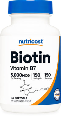 Thumbnail for Nutricost Biotin (5,000mcg) 150 Softgels - Vitamin B7 - Gluten Free, Non-GMO