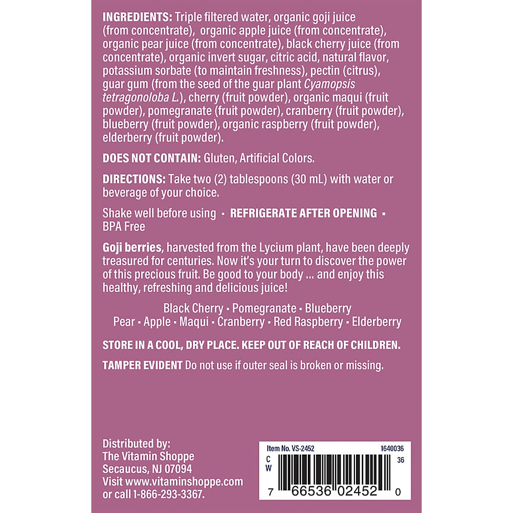 The Vitamin Shoppe Goji Juice (Goji Berries), A Natural Juice Blend, Superfood, Antioxidant, Harvested from The Lycium Plant, Energy Booster (32 Fluid Ounces Liquid)