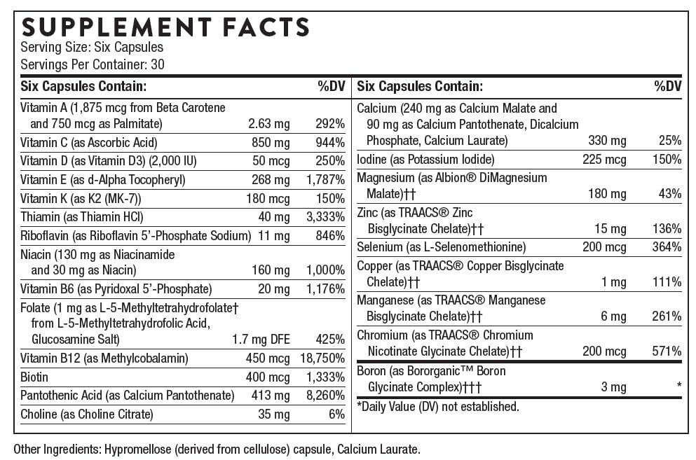 THORNE Women's Multi 50+ - Comprehensive Daily Multivitamin with Vitamins A, B6, B12, C, D, E, K, Zinc & More - Support Heart, Brain, Bone & Immune Health* - 180 Capsules