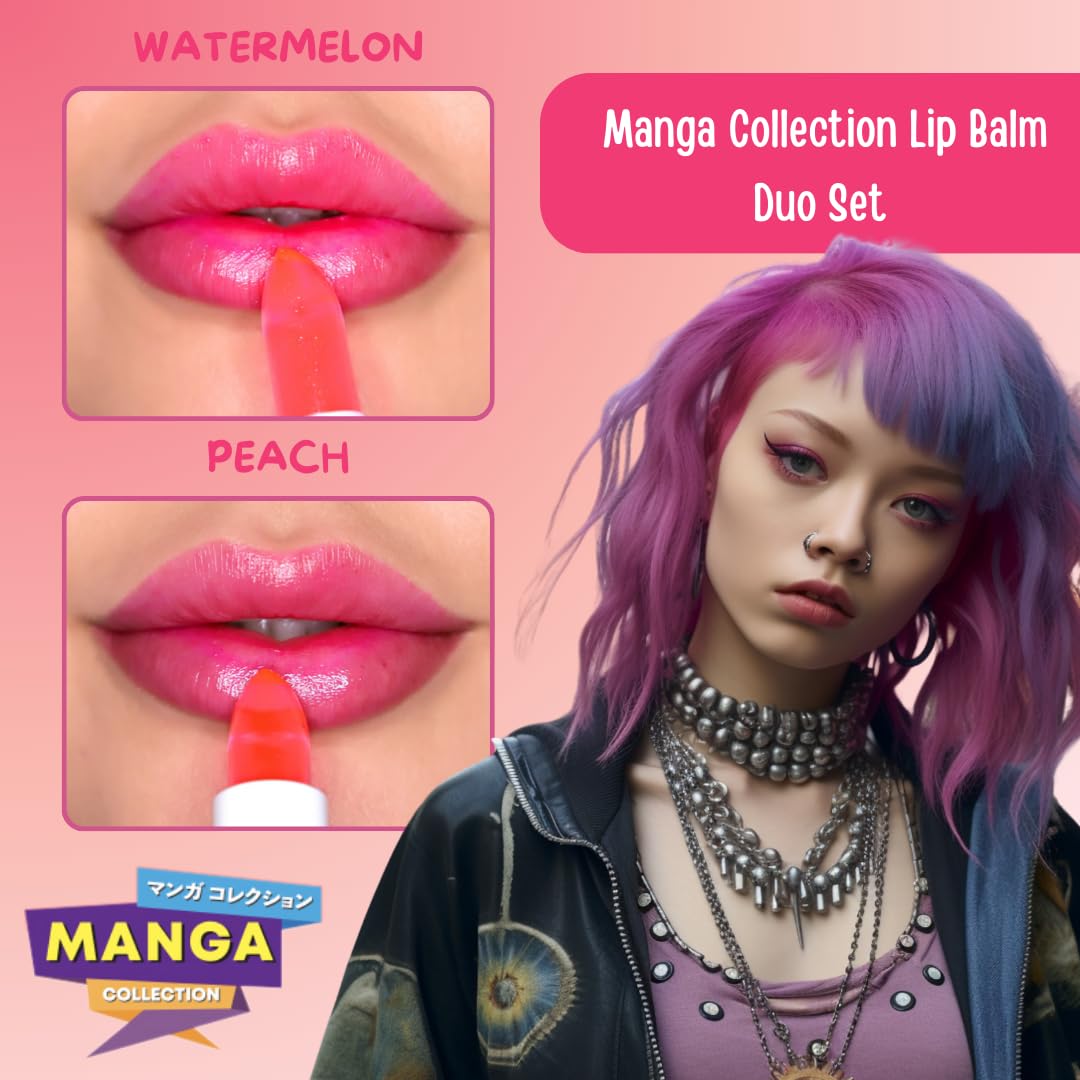 Rude Cosmetics Lip Balm Hydrating, Nourishing Lipbalm Set for Women, Lip Moisturizer for Dry Cracked Lips, Vegan & Cruelty-Free, Manga Collection/Watermelon & Peach