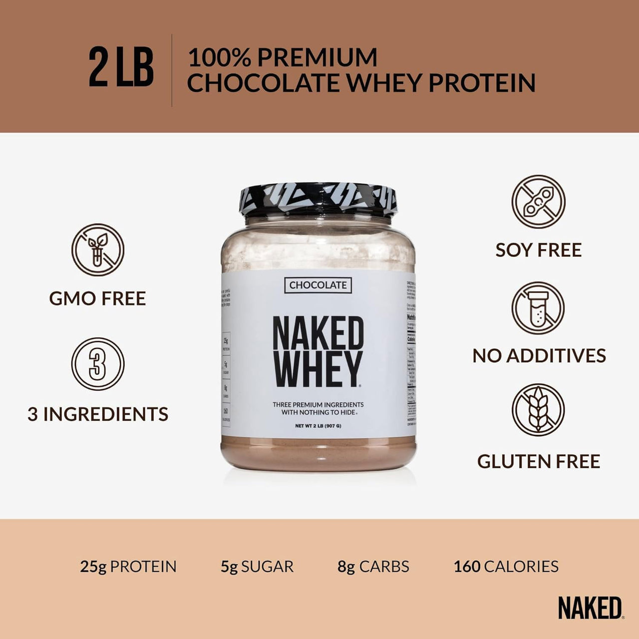 NAKED Whey Chocolate Protein Powder 24 Servings PB Powdered Peanut Butter 2LB (76 Servings) – Grass-Fed; Bulk; Vegan; Non-GMO; Gluten Free; Soy Free