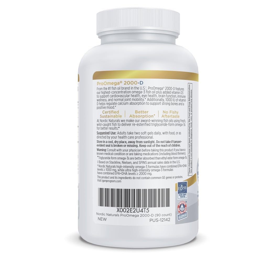 Nordic Naturals ProOmega 2000-D, Lemon Flavor - 90 Soft Gels - 2150 mg Omega-3 + 1000 IU D3 - Ultra High-Potency Fish Oil - EPA & DHA - Brain, Heart, & Immune Health - Non-GMO - 45 Servings