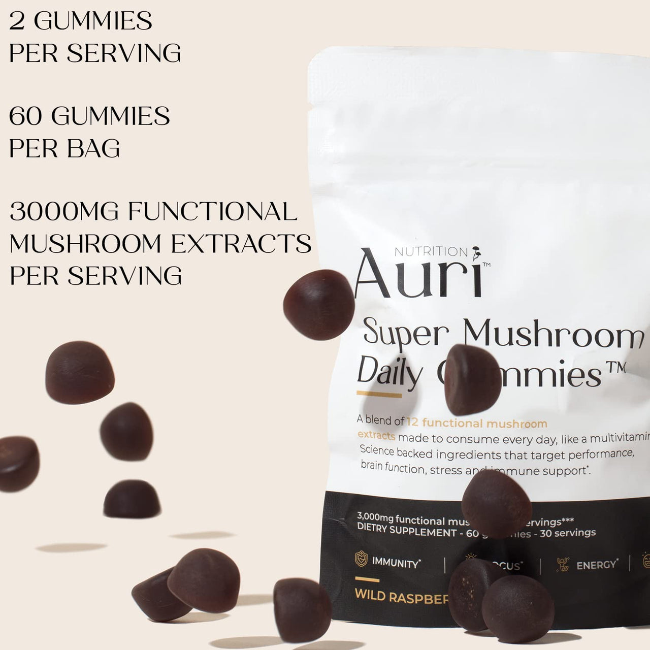 Auri Nutrition Super Mushroom Daily Gummies – All-in-One Functional Gummy with 12 Mushroom Blend Including Lion’s Mane, Reishi, Chaga & Cordyceps – 60 Gummies