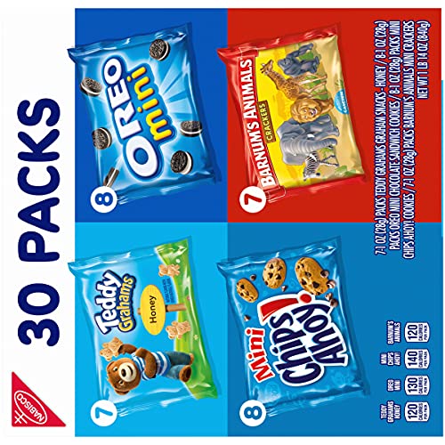 Nabisco Team Favorites Variety Pack, OREO Mini, CHIPS AHOY! Mini, Teddy Grahams Honey & Barnum's Animal Crackers, Christmas Stocking Stuffers, 30 Snack Packs (Pack of 4)