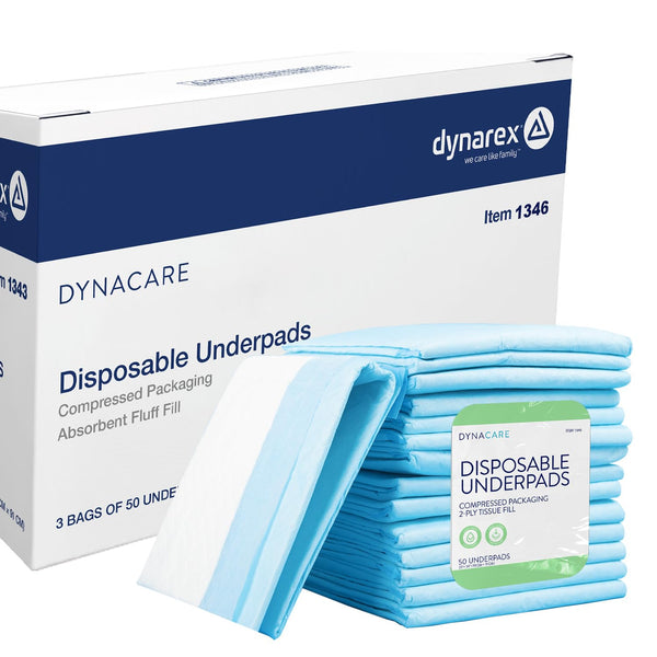 Dynarex Disposable Underpads, Medical-Grade Incontinence Bed Pads to Protect Sheets, Mattresses, and Furniture, 23”x36” (60g), 1 Case of 150 Underpads (3 Boxes of 50)