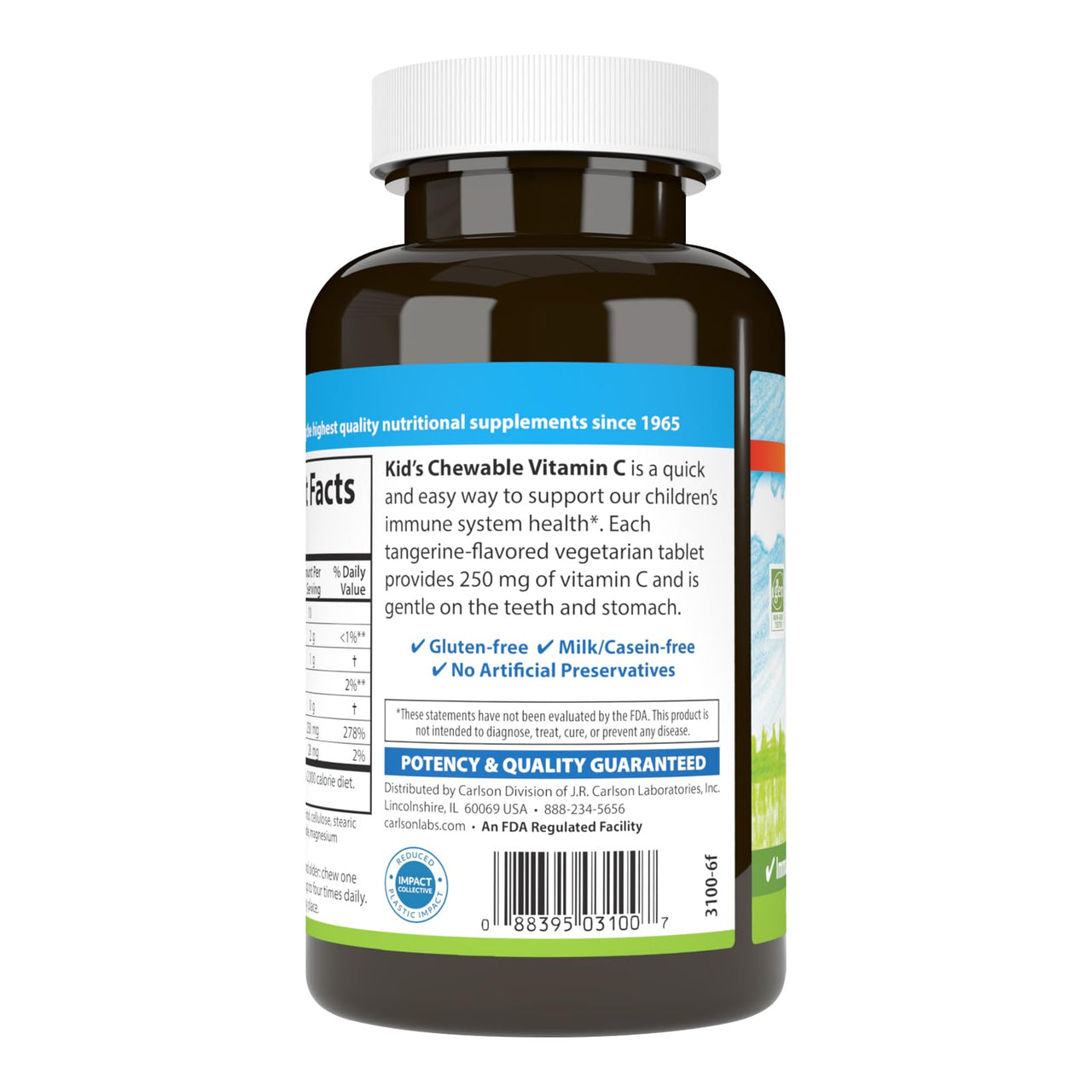 Carlson - Kid's Chewable Vitamin C, 250 mg, 1 g of Sugars, Immune Support & Optimal Wellness, Antioxidant, Tangerine, 60 Vegetarian Tablets