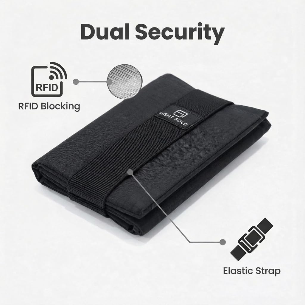 LIGHT FOLD Ultra Slim Tri-Fold Wallet with RFID Blocking, Lightweight Minimalist Men’s Wallet with Elastic Band, Waterproof Durable Nylon Fabric, Slim Front Pocket Card Holder Fits 12 Cards & Cash