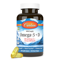 Thumbnail for Carlson Omega-3 + D, 600 mg Omega-3s with EPA & DHA + 2,000 IU Vitamin D3, Wild-Caught Fish Oil, Norwegian-Sourced Omega-3 Supplement, Heart, Brain & Bone Support, 50 Soft Gels