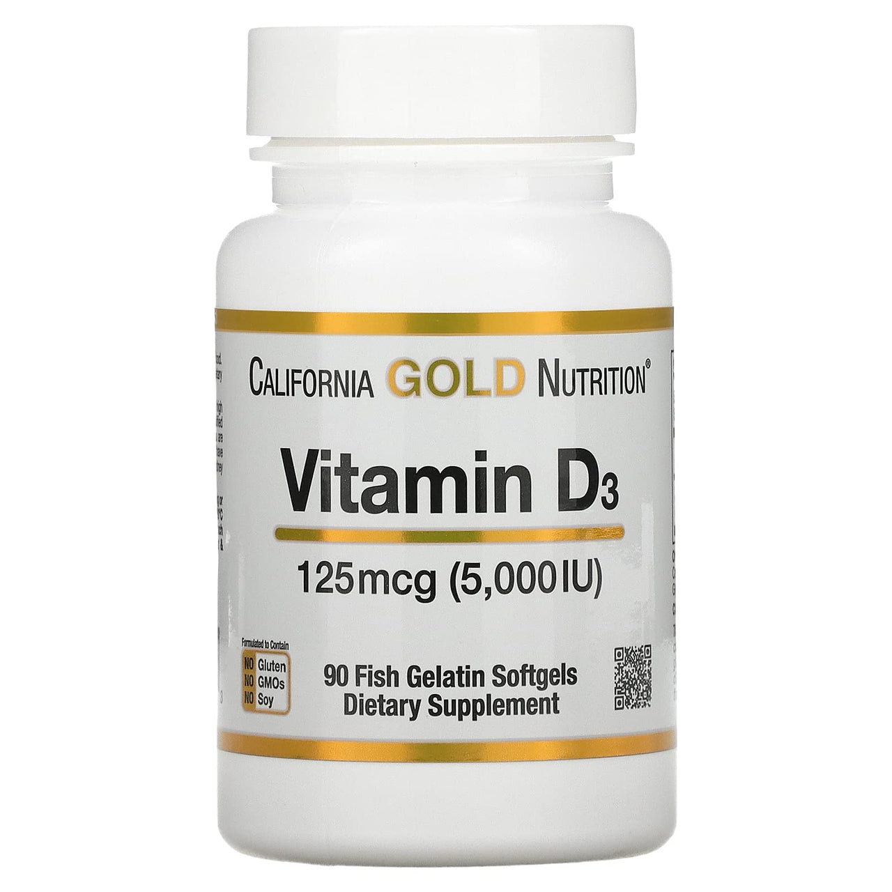 Vitamin D3 Supplement by California Gold Nutrition - Support for Healthy Bones & Teeth - Immune System Support - Gluten Free, Non-GMO - 125 mcg (5,000 IU) - 2 Pack of 90 Fish Gelatin Softgels Each