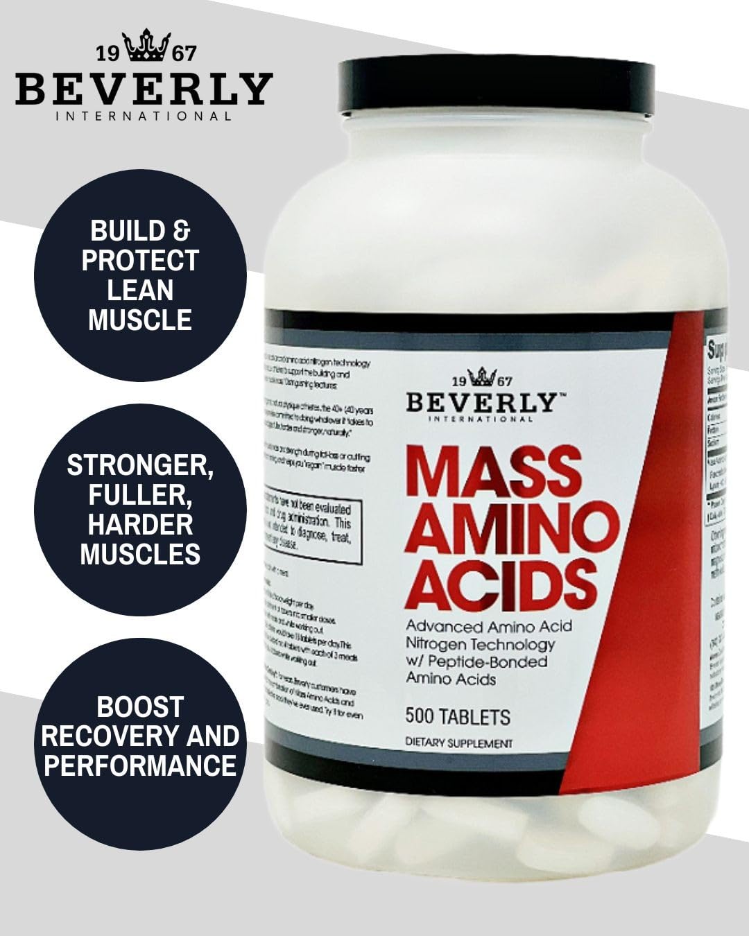 Beverly International Mass Amino Acids, 500 Tabs. Use Pre-Post Workout, with Meals, Essential for Muscle Recovery and Repair. Complete Amino Acid Profile