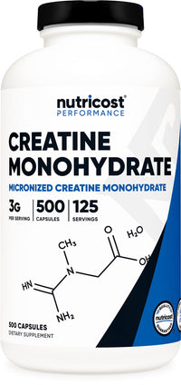 Thumbnail for Nutricost Micronized Creatine Monohydrate 3,000mg 500 Capsules, 125 Servings, 750mg of Creatine Monohydrate Per Capsule