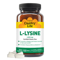 Thumbnail for Country Life L-Lysine 1000mg with B-6, Supports Immune Health, Promotes Collagen Renewal in Lips and Mouth, 100-Count, Certified Gluten Free, Certified Vegan