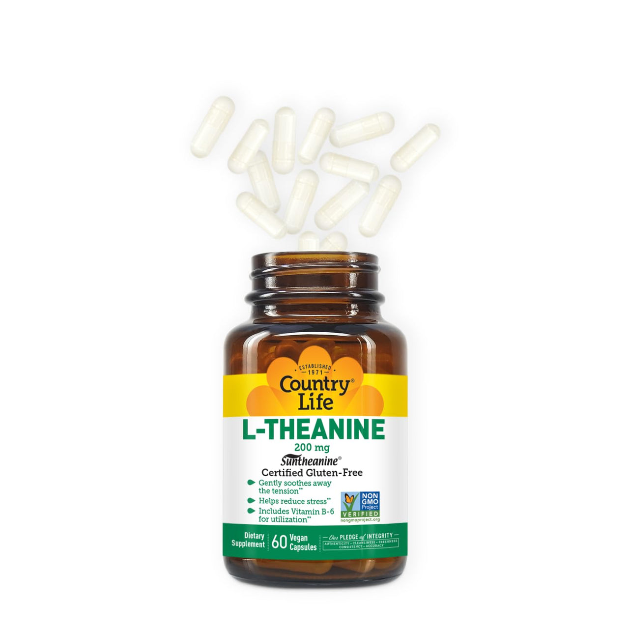 Country Life Suntheanine L-Theanine – 60 Vegan Capsules | Natural Stress Relief Supplement with Inositol | Promotes Relaxation, Focus & Better Sleep | Certified Gluten-Free, Non-Drowsy Formula