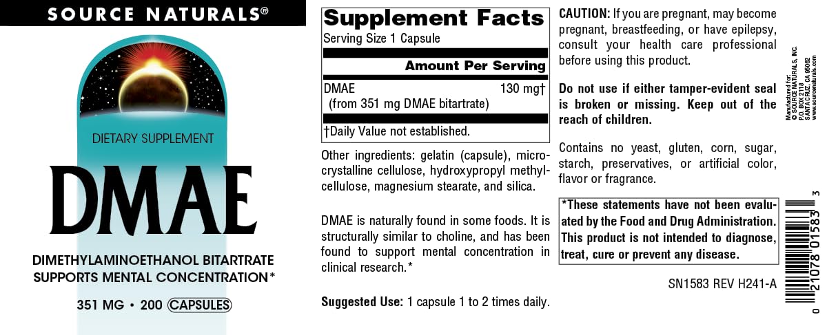 Source Naturals DMAE, Dimethylaminoethanol Bitartrate - Supports Mental Concentration - 200 Capsules