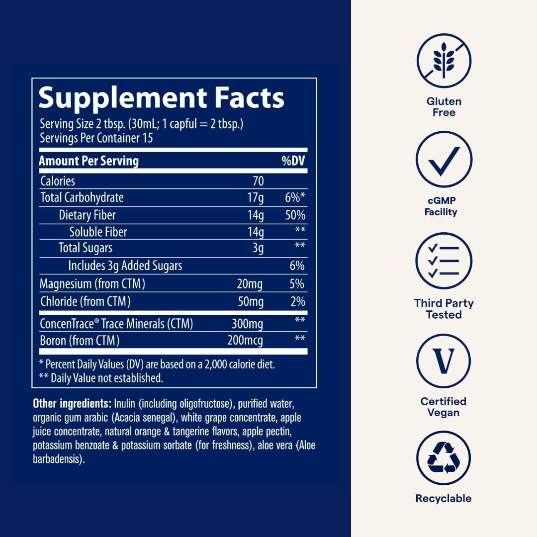 Trace Minerals Fiber 14g - Fiber Supplement for Colon Health & Digestive Support - Balanced Gut Flora - Liquid Supplement - Gluten-Free - Vegan - Orange Tangerine Flavor - 15 fl oz (15 Servings)