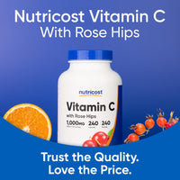 Thumbnail for Nutricost Vitamin C with Rose HIPS 1025mg, 240 Capsules - Vitamin C 1,000mg, Rose HIPS 25mg, Premium, Non-GMO, Gluten Free Supplement
