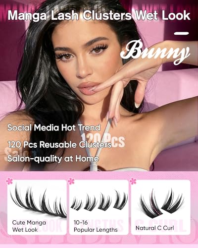 Image 3 of EYDEVRO Bunny Lash Clusters Manga Eyelash Clusters Wet Look Fairy Wispy Cluster Eyelash Extensions Anime Cluster Lashes 120 Pcs 10-16mm C Curl DIY Lash Extensions