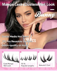 Thumbnail for Image 3 of EYDEVRO Bunny Lash Clusters Manga Eyelash Clusters Wet Look Fairy Wispy Cluster Eyelash Extensions Anime Cluster Lashes 120 Pcs 10-16mm C Curl DIY Lash Extensions