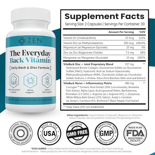 Image 2 of Zen Nutrients The Everyday Back Vitamin for Lower Back Relief & Nerve Function Support Supplement - Back, Disc and Nerve Relief with Alpha Lipoic Acid, Turmeric & Glucosamine (60 Capsules)