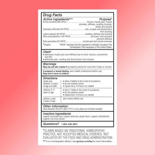 Image 7 of Genexa Arnica Pain Relief Made Clean, 100 Chewable Tablets, Grape Flavor