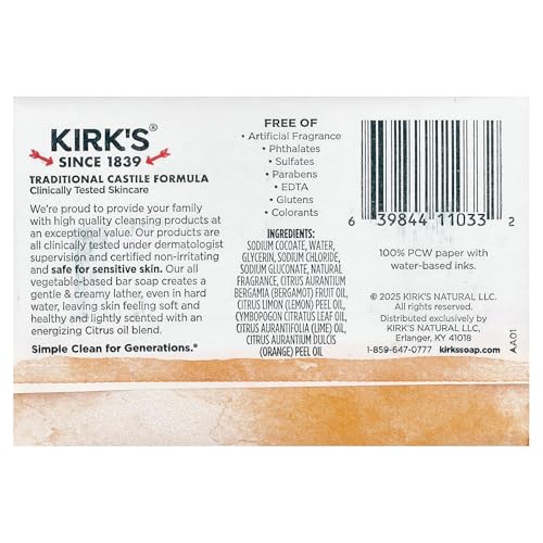Image 2 of Kirk's 100% Premium Coconut Oil Castile Bar Soap, Citrus Twist, 4 oz (113 g)