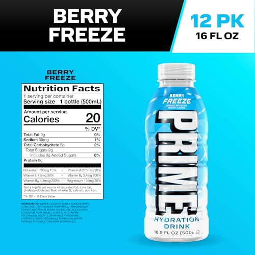 Image 2 of PRIME Hydration BERRY FREEZE, Sports Drinks, Electrolyte Enhanced for Ultimate Hydration, 250mg BCAAs, B Vitamins, Antioxidants, Low Sugar, 16.9 Fl Oz, 12 Pack