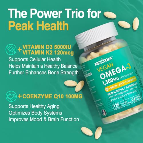 Image 4 of Nextdia Vegan Omega 3 EPA DHA ALA Supplements + CoQ10, Vitamin D3 K2 for Women Men