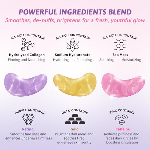 Image 3 of AILEORY Under Eye Patches for Dark Circles, Puffiness, Fine Lines, Eye Mask Set with Retinol, 24K Gold, Caffeine, Gel Mask, 24 Pairs