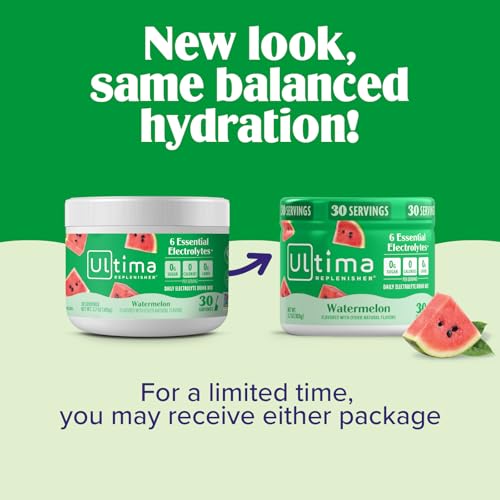 Image 5 of Ultima Replenisher Electrolyte Powder Drink Mix Bundle ? Sugar Free ? Watermelon, 30 Serving Canister and 20 Stickpacks ? 6 Electrolytes and Minerals ? Keto Friendly, Vegan, Non-GMO