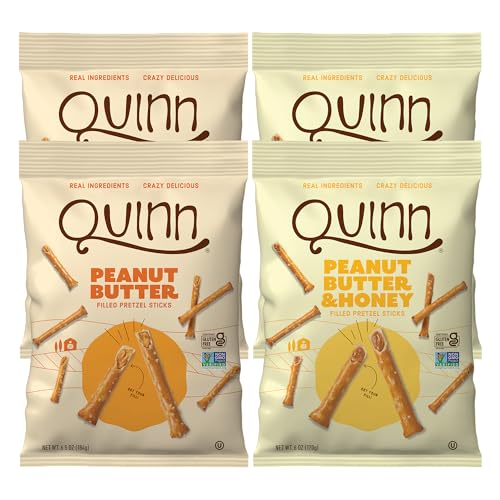 Image 1 of Default Title for the product Quinn Snacks Filled Pretzel Sticks Variety Pack - Gluten Free Pretzel Snack, Made with Real Ingredients, Sorghum, Root Vegetables, Dairy Free - Peanut Butter 6.5 oz, PB & Honey 6 oz (4 Pack)
