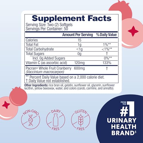 Image 3 of AZO Cranberry Pro Urinary Tract Health Supplement 600mg PACRAN, 1 Serving, Sugar Free, Non-GMO 100 Softgels Pack of 2
