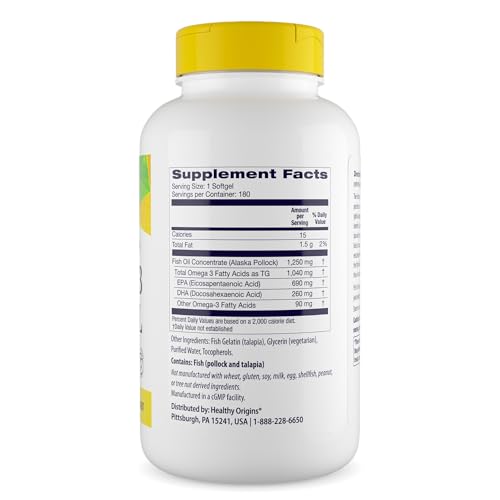 Image 2 of Healthy Origins Omega-3 Fish Oil 1,250 mg, 180 Softgels