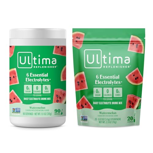 Image 1 of Default Title for the product Ultima Replenisher Electrolyte Powder Drink Mix Bundle ? Sugar Free ? Watermelon, 90 Serving Canister and 20 Stickpacks ? 6 Electrolytes and Minerals ? Keto Friendly, Vegan, Non-GMO