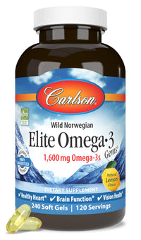 Thumbnail for Carlson Elite Omega-3 Gems, 1600 mg Omega-3 with EPA & DHA, Lemon Flavor, 240 Softgels – Wild-Caught Norwegian Fish Oil, Sustainably Sourced