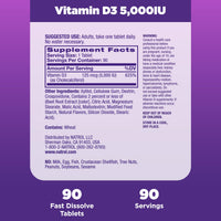 Thumbnail for Natrol Fast Dissolve Vitamin D3 5,000 IU, Dietary Supplement for Bone and Joint Health, Bone Support Supplement, 90 Tablets, 90 Day Supply