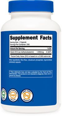 Thumbnail for Nutricost Vitamin B12 (Methylcobalamin) 1000mcg, 240 Capsules - Vegetarian, Non-GMO & Gluten Free B12 Supplement