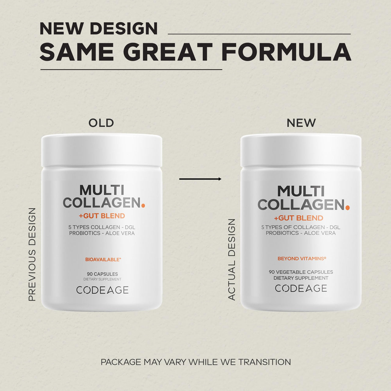 Codeage Multi Collagen + Gut Blend Supplement - Digestive Probiotics, DGL Licorice, Aloe Vera, Organic Peppermint Leaf, Slippery Elm - Hydrolyzed Bovine Collagen Pills - Non-GMO - 90 Capsules