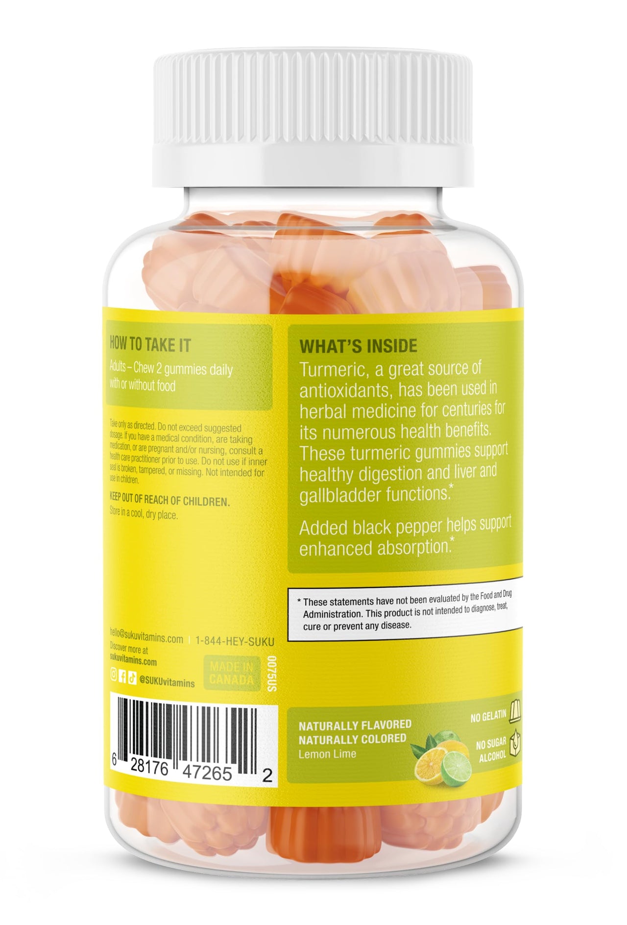 SUKU Turmeric Curcumin Sugar Free Gummies with 1003mg of Turmeric - Black Pepper Protects Liver, Improves Digestion, Inflammation Response & Joint Health – Lemon Lime Flavour (50 Gummies)