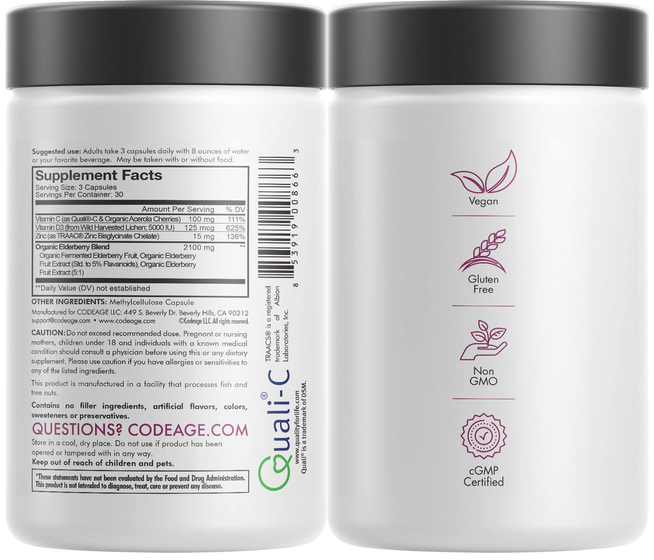 Codeage Organic Black Elderberry Supplement - Vitamin C, D, Zinc - Fermented Black Elderberries Vitamins - Elderberry Fruit Extract Pills Concentrate – Sambucus Berries Flavonoid - Vegan - 2 Pack