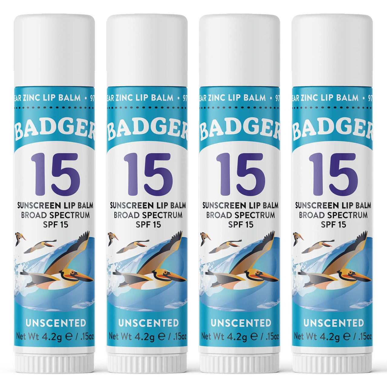 Badger Mineral Sunscreen Lip Balm SPF 15, Reef Safe, Zinc Oxide, Unscented, Travel Size, SPF Lip Balm Sunscreen Stick, .15 oz 4-Pack