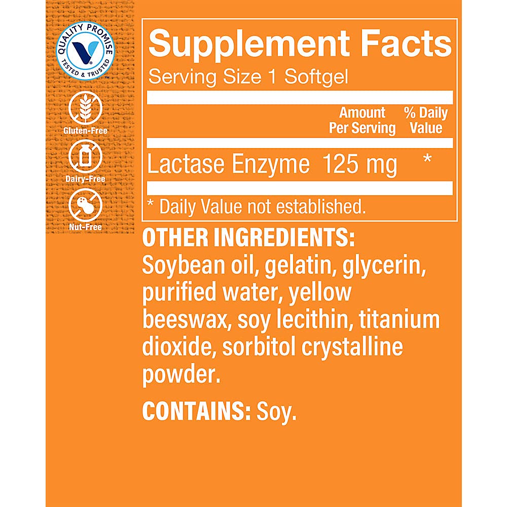 The Vitamin Shoppe Lactase Enzyme 125MG, Supports Lactase Dairy (100 Softgels)