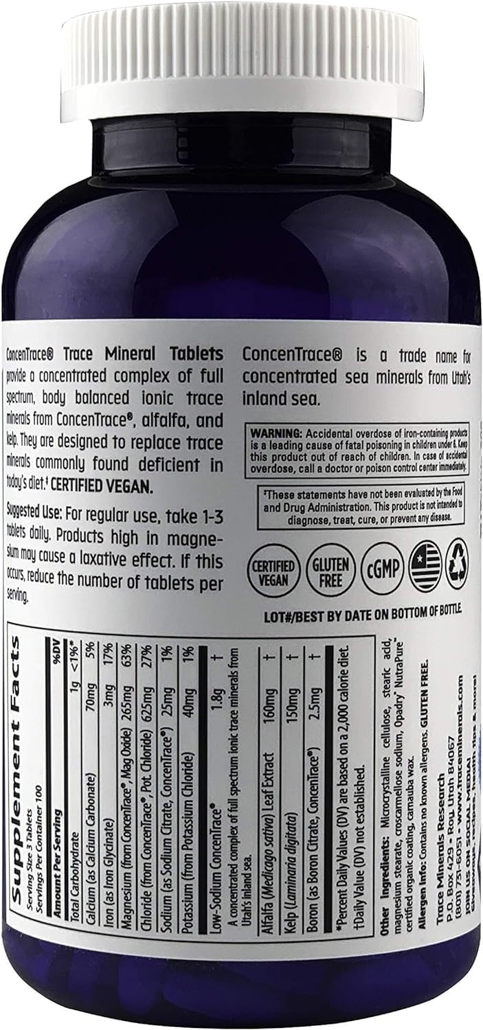Trace Minerals ConcenTrace Trace Minerals Tablets - Daily Supplement for Overall Wellness - Natural Energy, Bone Strength, Healthy Connective Tissue & Immune System Support - 90 Count (30 Servings)
