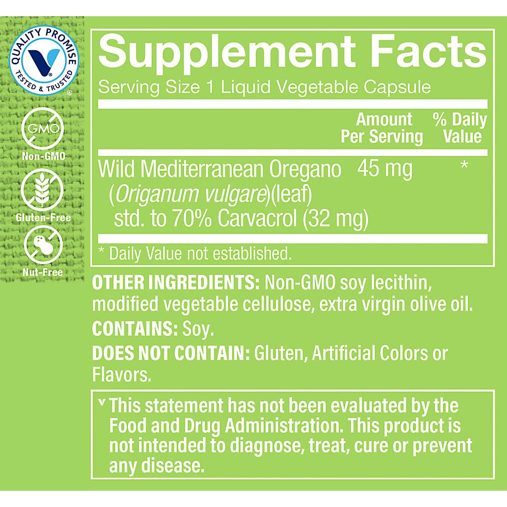 The Vitamin Shoppe Oil of Oregano 45mg - Immune System Support | 70% Carvacrol Super Strength | 120 Veggie Caps | Wild Mediterranean