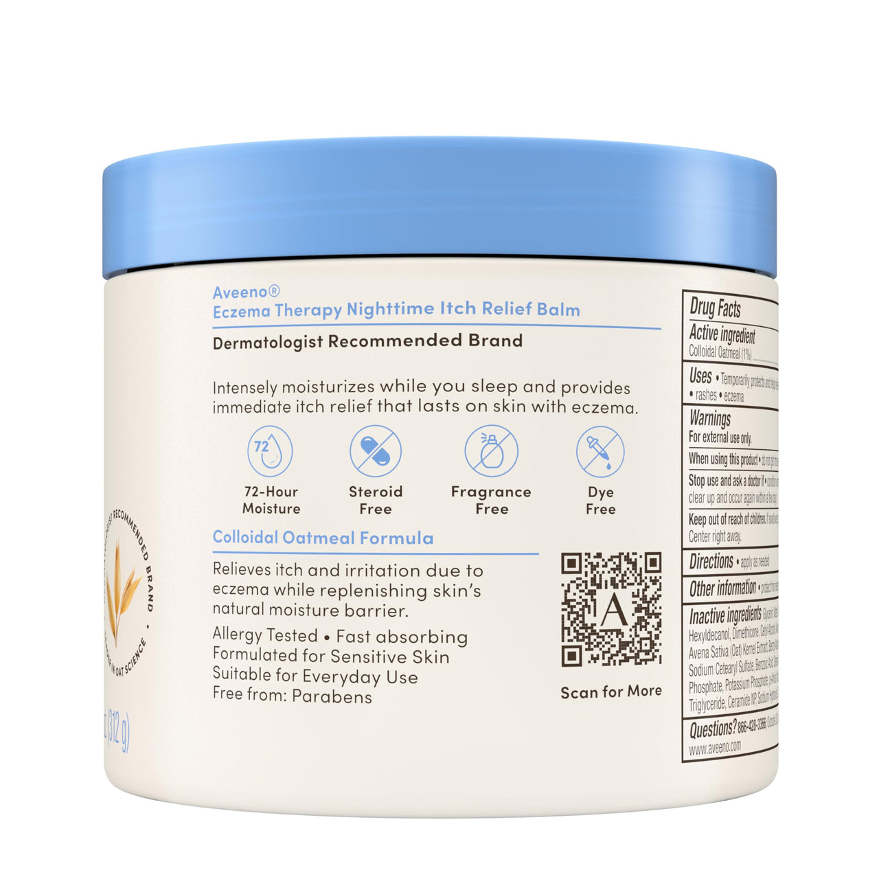 Aveeno Eczema Therapy Nighttime Itch Relief Balm, Colloidal Oatmeal Formula Instantly Soothes Itchy, Eczema-Prone Skin, Moisturizing Balm for Sensitive Skin, Steroid- & Fragrance-Free, 11 oz