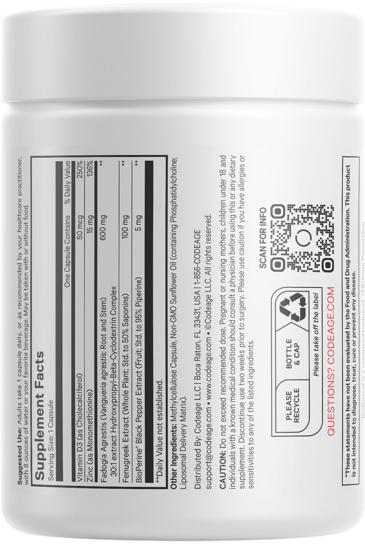 Codeage Liposomal Fadogia Agrestis 600mg Supplement - Fadogia Agrestis 30:1 Extract, Vitamin D3, Zinc, Fenugreek, BioPerine Black Pepper - 2-Month Supply - Liposomal Delivery - Non-GMO, 60 Capsules