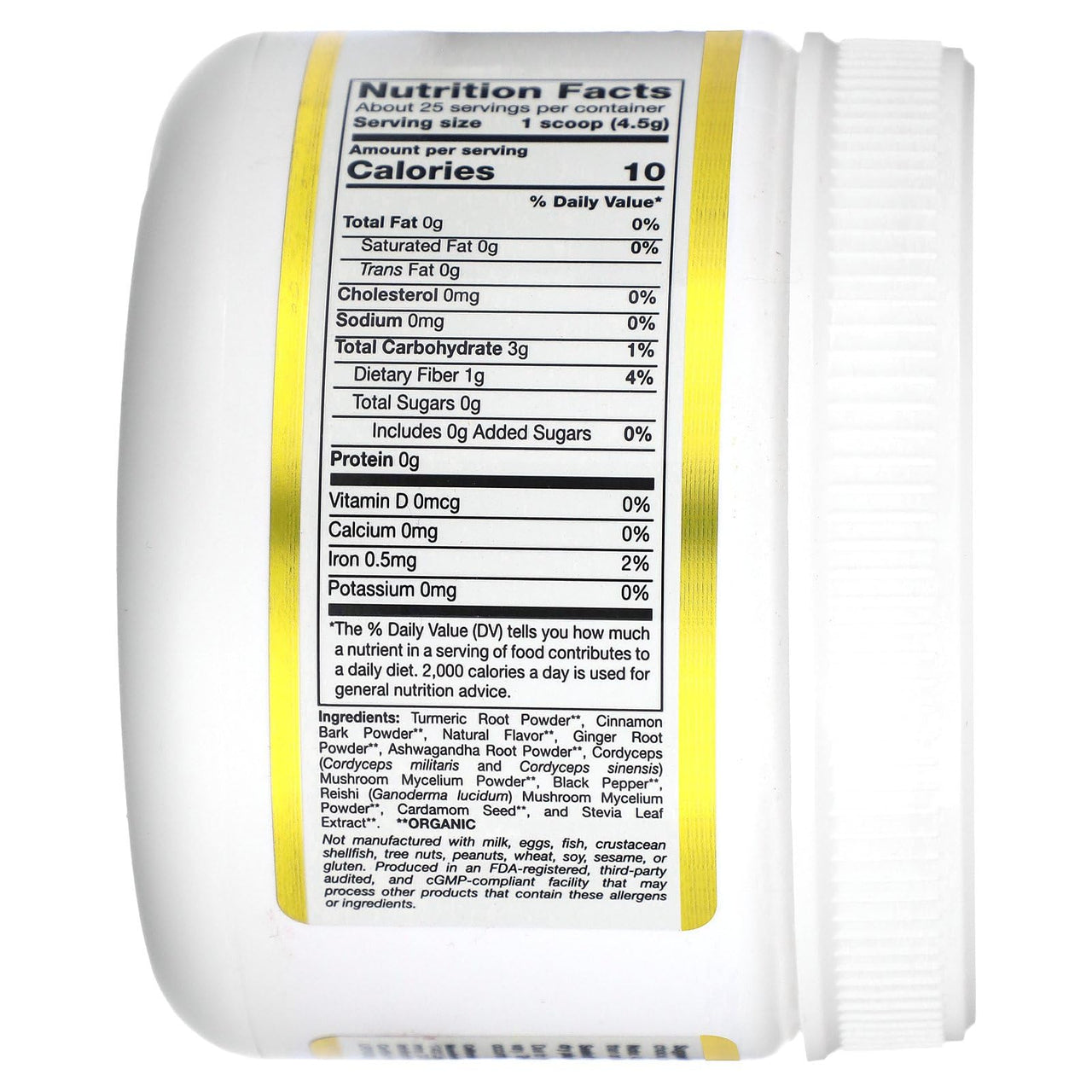 California Gold Nutrition Superfoods, GoldenCeps, Organic Turmeric with Ashwagandha, Cordyceps, and Reishi, 4 oz (114 g)